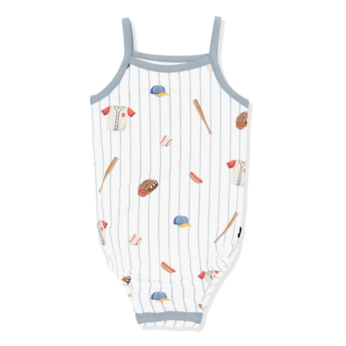 Spaghetti Strap Leotard in Home Run with muted blue trim on a white background