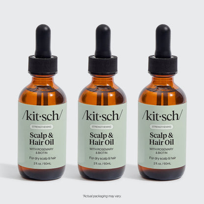 KITSCH Strengthening Rosemary & Biotin Scalp & Hair Oil 3-Pack — hero product shot — three 2fl oz./60mL bottles — 100% plant-based oil with rosemary extract and biotin — stock up and save