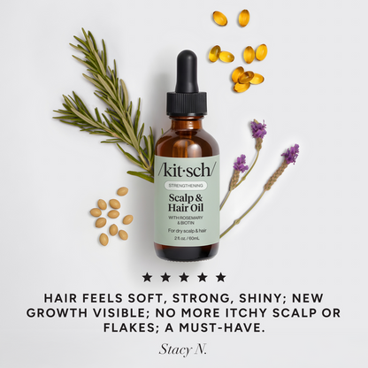 KITSCH Strengthening Rosemary & Biotin Scalp & Hair Oil — 5-star customer review graphic — 100% plant-based oil formulated with rosemary extract and biotin — free of parabens, phthalates, silicones, sulfates, & artificial fragrance