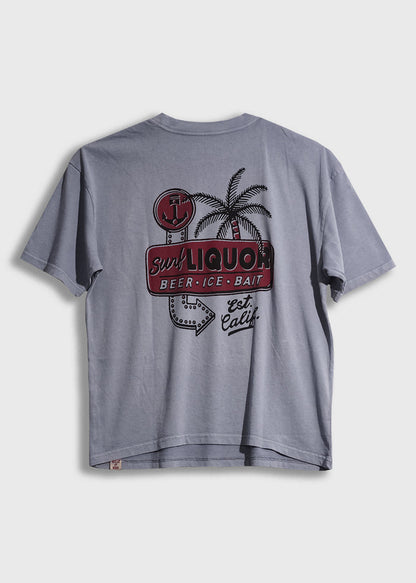 Gray T-shirt with a retro "Surf Liquor" logo featuring a palm tree and anchor, advertising beer, ice, and bait. California style.
