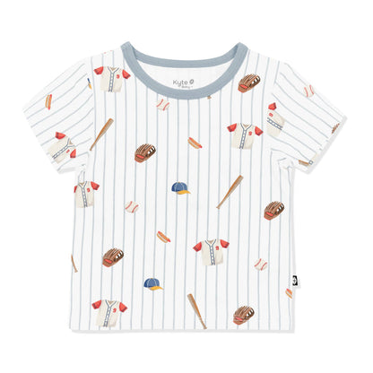 Product photo of the Toddler Basic Tee in Home Run showing the muted blue trim on a white surface