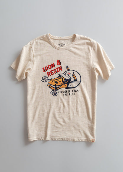 Beige t-shirt with "Iron & Resin" text and a graphic of a helmeted figure, captioned "Tougher Than The Rest" on the front.