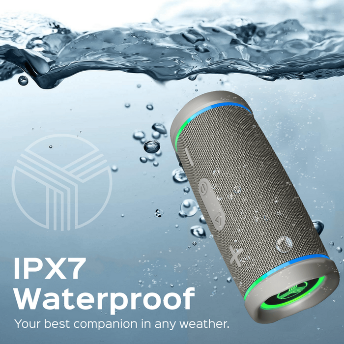 Waterproof Bluetooth speaker with water splashes in the background