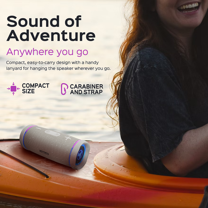 Portable speaker on a kayak with text about its compact size and carabiner strap.
