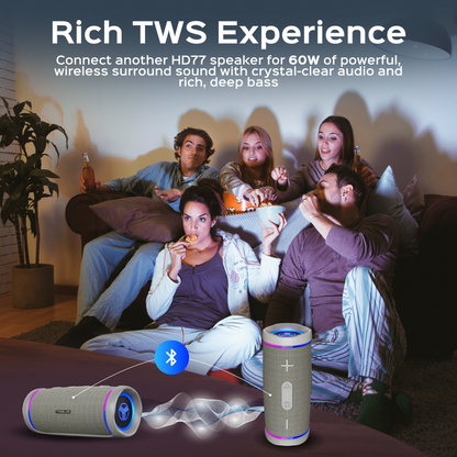 People sitting on a couch watching TV with two speakers in front, promoting a Rich TWS Experience.