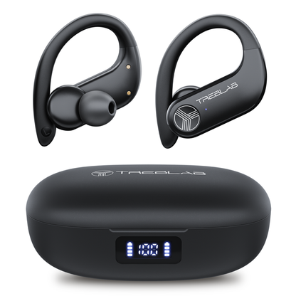 Black wireless earbuds with charging case on a white background, featuring the Treblab brand.
