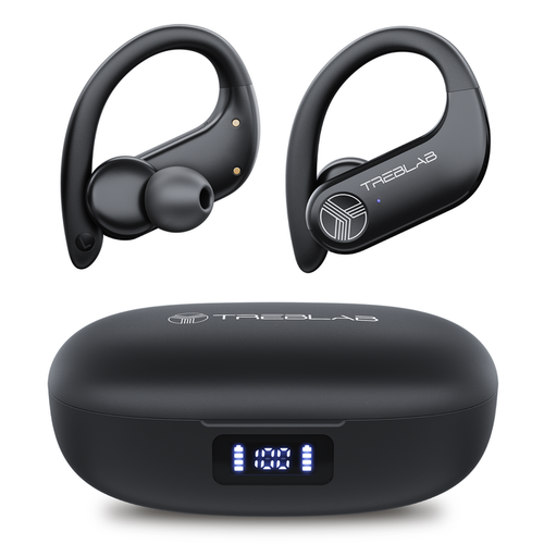 Black wireless earbuds with charging case on a white background, featuring the Treblab brand.
