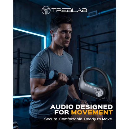 Man exercising with a Treblab earbud in a gym setting, featuring the Treblab brand.