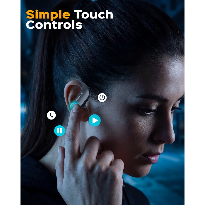 Woman using touch controls on earbuds with 'Simple Touch Controls' text above.