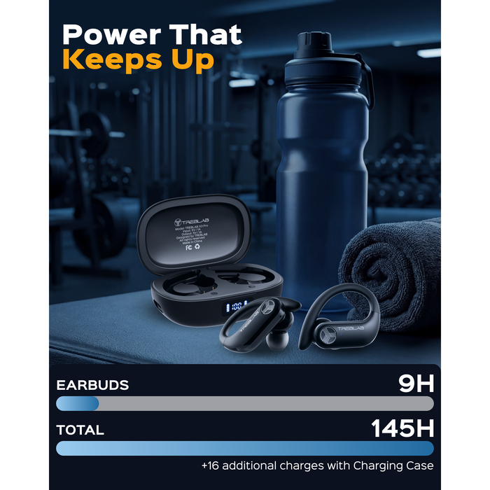 Gym setting with earbuds, charging case, water bottle, and towel with product display text.