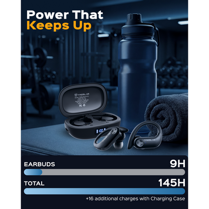 Gym setting with earbuds, charging case, water bottle, and towel with product display text.