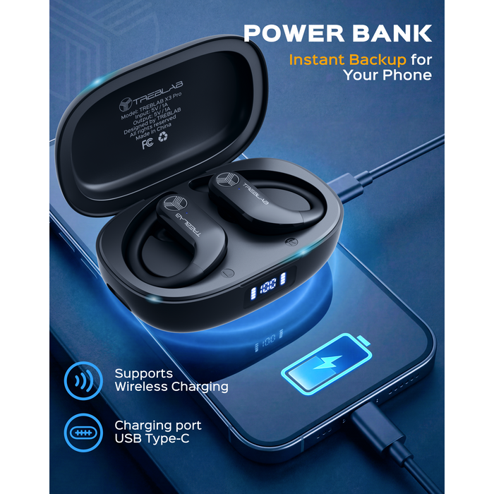 Black wireless earbuds with charging case on a blue background, featuring text about power bank and wireless charging.