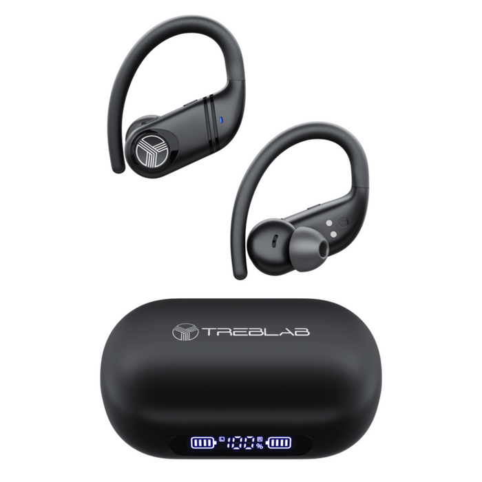 Two black Treblab wireless earbuds floating above their matching black charging case on a plain white background. The case has a white Treblab logo and a small blue digital battery display at the bottom.