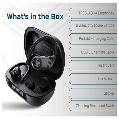 TREBLAB X4 earphones with charging case and box contents list on a white background