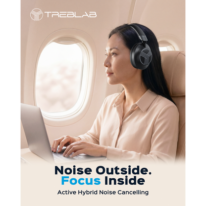 Woman wearing headphones using a laptop on an airplane with TREBLAB branding.