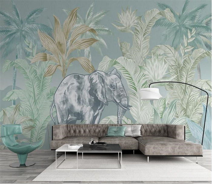 Tropical Plants And Elephant Wallpaper Mural