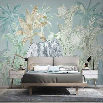 Tropical Plants And Elephant Wallpaper Mural