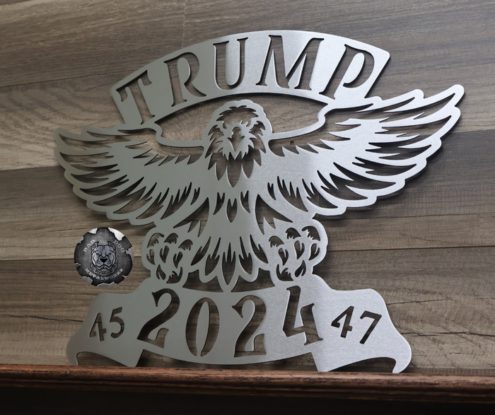 Trump 2024 45/47 Eagle in bare metal from Bad Dog Metalworks