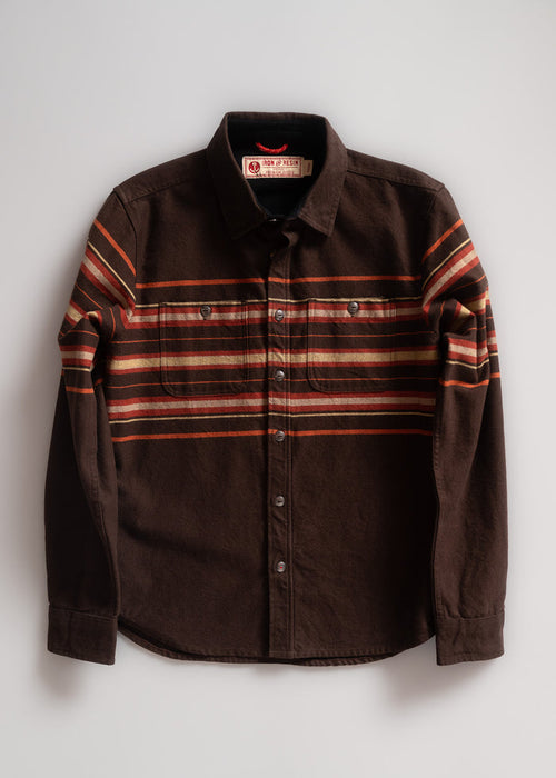Brown button-up shirt with orange and red horizontal stripes, featuring two chest pockets, laid flat on a light background.