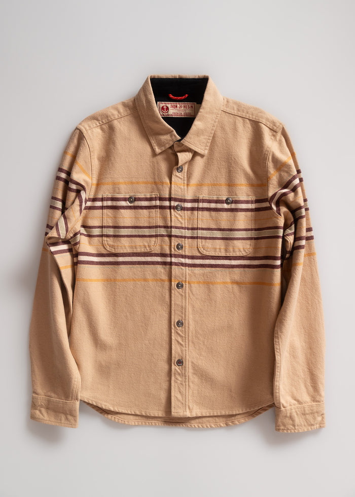 Tan button-up shirt with brown and yellow stripes, featuring two chest pockets. Classic design on a plain white background.