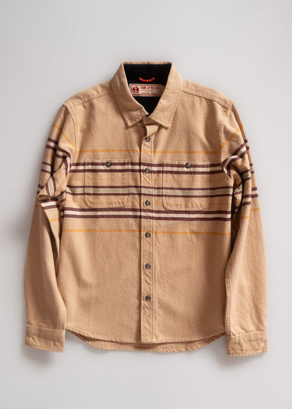 Tan button-up shirt with brown and yellow stripes, featuring two chest pockets. Classic design on a plain white background.