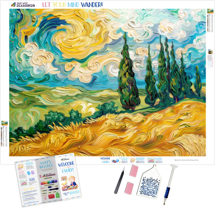 Vibrant Wheat Field with Cypresses