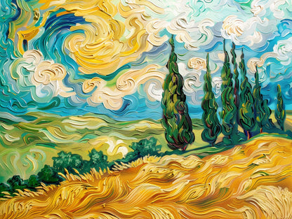 Vibrant Wheat Field with Cypresses
