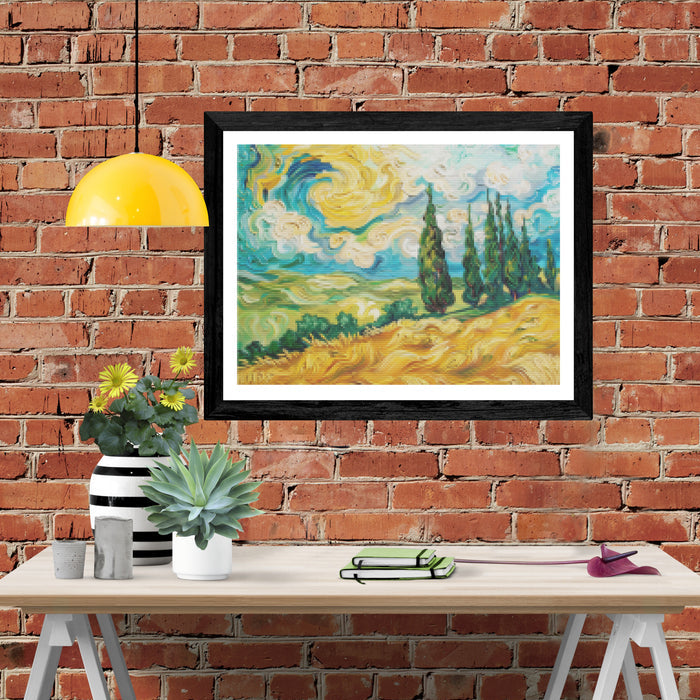 Vibrant Wheat Field with Cypresses