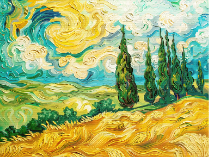 Vibrant Wheat Field with Cypresses