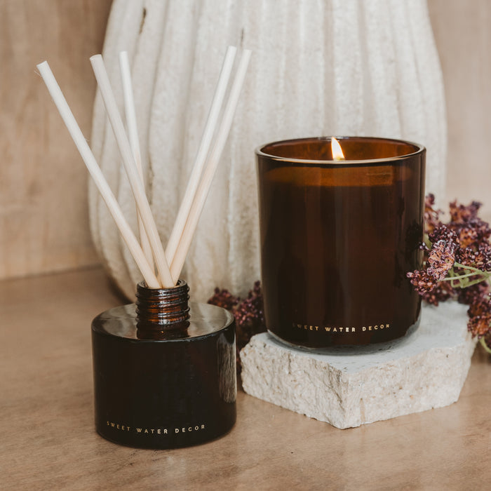 Warm and Cozy Amber Tinted Glass Jar Reed Diffuser - Sweet Water Decor - Reed Diffusers