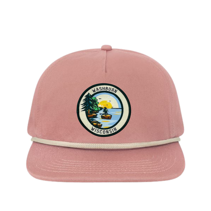 Rose colored with cream cord Flat Brimmed Hat featuring a woven patch of Egg Island on Lake Superior and the words Washburn Wisonsin designed by AdventureUs.