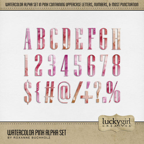 Add these beautiful watercolor letters, numbers, and punctuation by Lucky Girl Creative digital art to all your digital scrapbooking pages and mix-and-match them on various projects throughout the year! Great for any occasion and theme! The Watercolor Pink Alpha Set consists of a full set of digital art uppercase alphabet letters A-Z, numbers 0-9, and most punctuation marks.