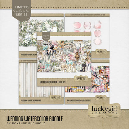 Celebrate the bride and groom, remember the beautiful wedding day, the getting ready activities, and the reception party with elegant watercolor embellishments and pretty papers by Lucky Girl Creative digital art to add to all your wedding and bridal shower pages! Perfect for the ceremony at the church, the vows, and the reception. Wedding embellishments include angel, wings, balloon, bell, bird cage, Bible, book, ribbon, bow, cake, tea service, bride, bridge, butterfly, wedding cake, candle, and more.