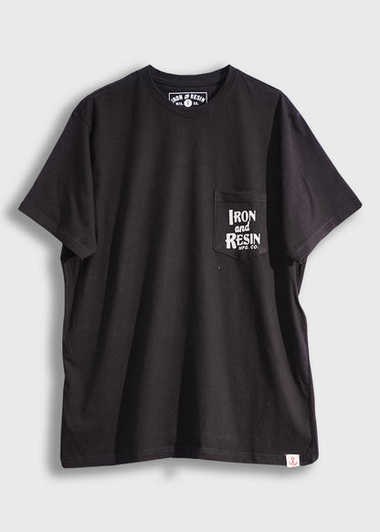 Black T-shirt with "Iron and Resin" logo on chest pocket. Simple design, casual style, perfect for everyday wear.