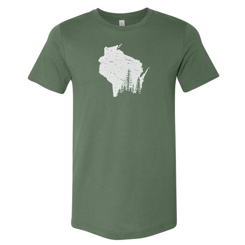 Northwoods T-Shirt featuring a scenic northern Wisconsin forest graphic inside State, made from 100% cotton, soft and flowy – perfect for nature lovers and Wisconsin enthusiasts.