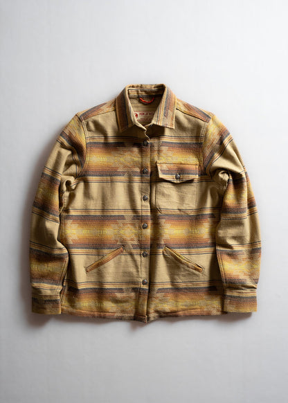 Striped beige jacket with button closure, chest pocket, and two side pockets, displayed on a light background.