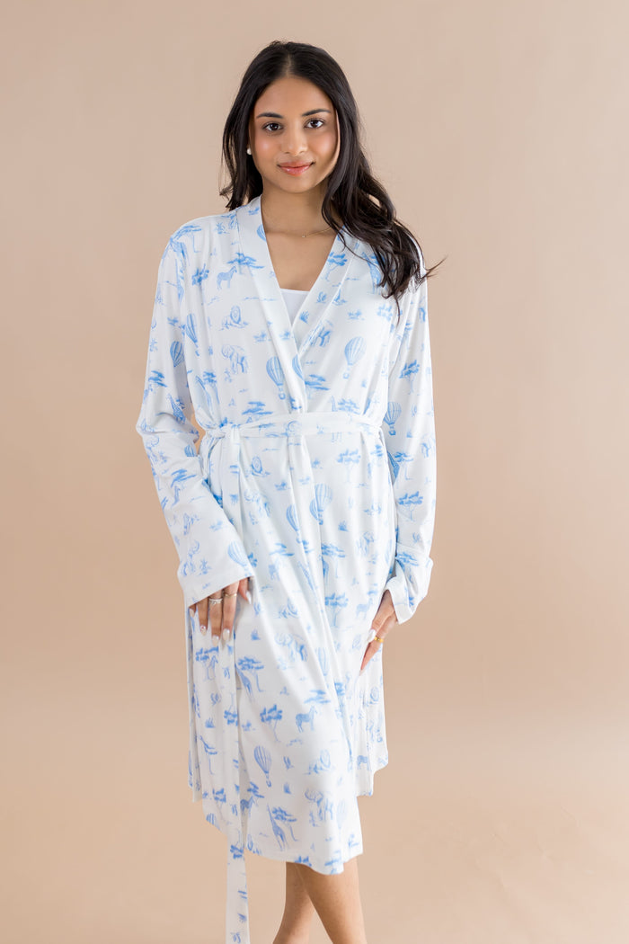 Female modeling the Women's Lounge Robe in Toile Safari