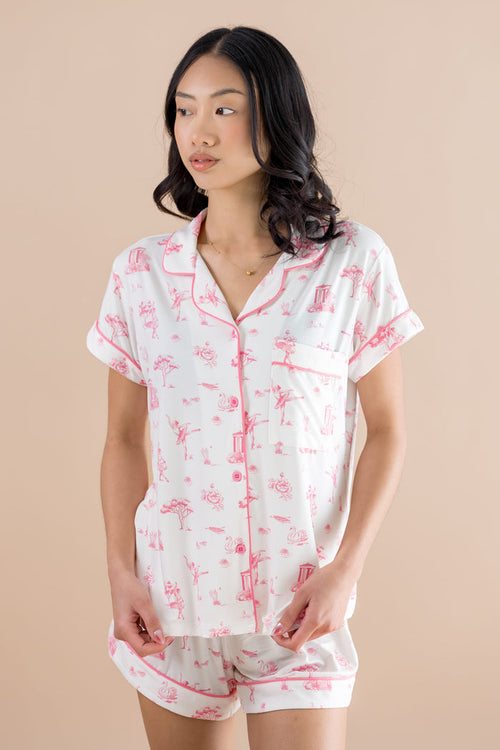 Close up of female modeling the Women's Short Sleeve Pajama Set in Toile Ballet