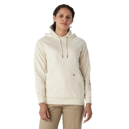 Dickies women's water repellent sleeve logo hoodie in antique white, front view