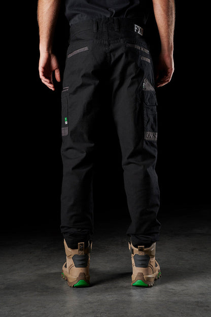 FXD WP3 black cargo pant, further view of the leg and reinforced hem