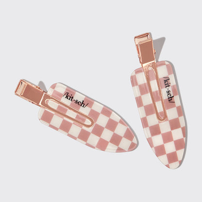 Two XL terracotta checker creaseless hair clips displayed on a gray background.