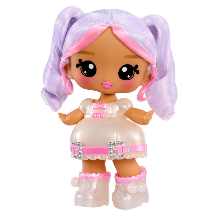 Toy doll with purple and pink hair, white dress, and boots on a white background