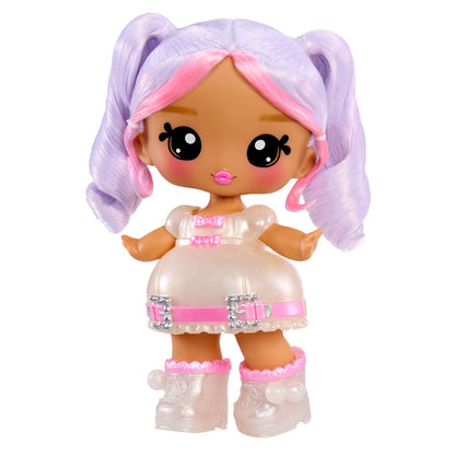 Toy doll with purple and pink hair, white dress, and boots on a white background