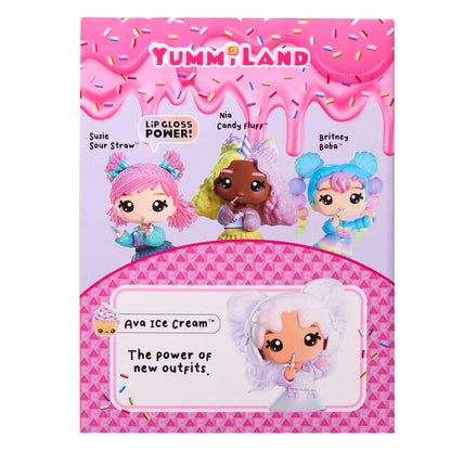 Yummiland toy packaging with four dolls on a pink background