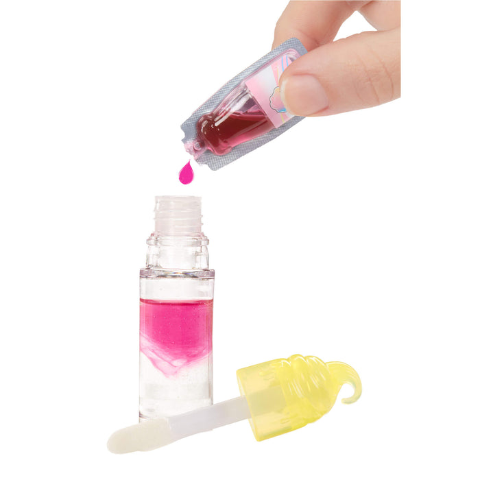Pink liquid being poured from a small packet into a clear bottle with a yellow cap on a white background.