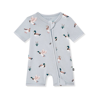 Product photo of the Zipper Shortall Romper in Mallard Duck on a white background