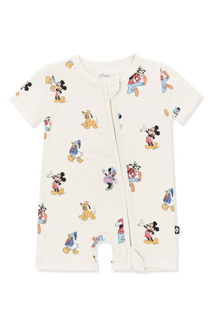 Zipper Shortall Romper with Mickey Mouse and Friends print on an oat background