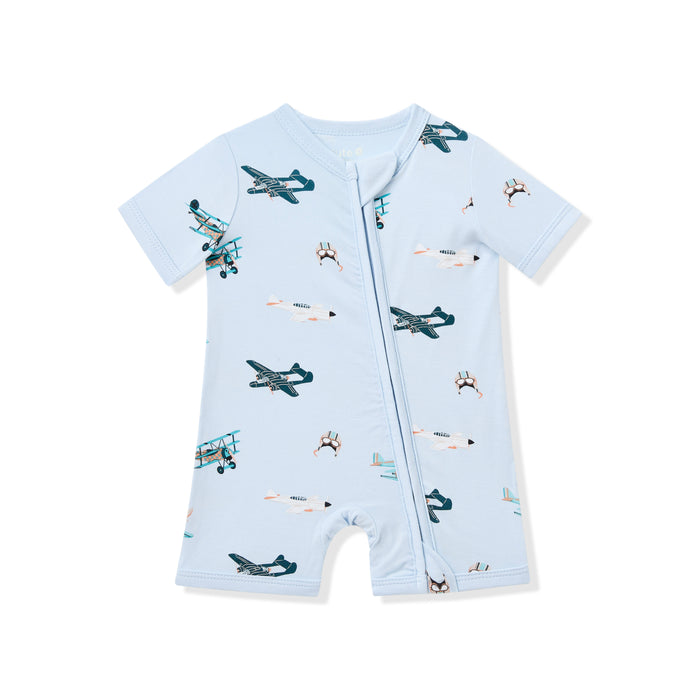 Product photo of the Zipper Shortall Romper in Take Off shown on a white background