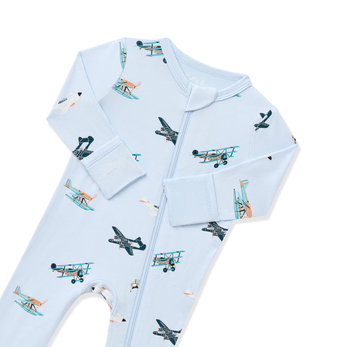 Close up of zipper garage and fold over hand cuffs on the Zippered Romper in Take Off